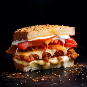 A close-up view of a crispy chicken sandwich with juicy tomatoes, melted cheese, and a creamy sauce. The sandwich is presented on a black background.