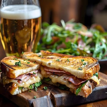 Close up of two grilled ham and cheese sandwiches on a wooden board, with a glass of beer in the background.