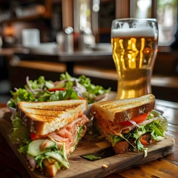 A close up shot of two delicious sandwiches with fresh ingredients, served on a wooden board with a glass of beer in the background.