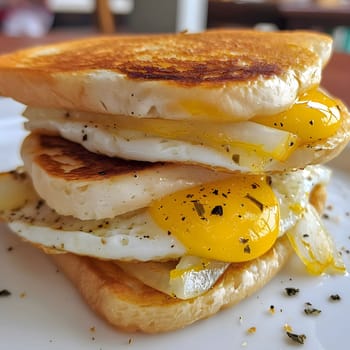 A mouthwatering sandwich with a fried egg, golden yolk, and crispy toast. The perfect breakfast or brunch treat.