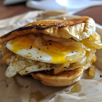 Close-up shot of a delicious egg sandwich with caramelized onions. The sandwich is made with a toasted bun, fried eggs, and caramelized onions. It is a perfect breakfast or lunch option.