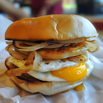 A close-up shot of a mouthwatering burger with a toasted bun, juicy patty, fried egg, melted cheese, and crispy onions. The image showcases the textures and flavors of a classic American burger.