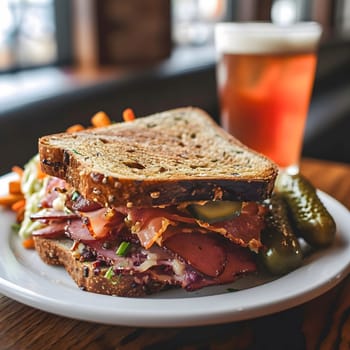 A close-up shot of a delicious pastrami sandwich on a plate, featuring a crispy toasted bread, piled high with pastrami, cheese, pickles, and mustard.
