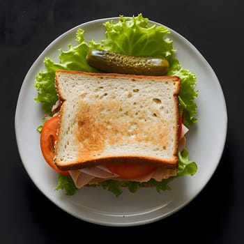 A close-up shot of a delicious sandwich on a white plate with lettuce, tomato and a pickle. It looks fresh, tasty and inviting.
