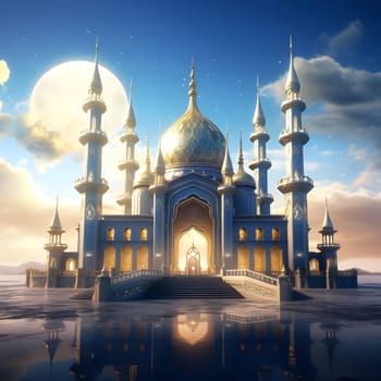 A majestic mosque with golden domes and blue minarets stands tall under a moonlit sky, reflecting in the still water. The intricate details and grand design evoke a sense of spirituality and awe.