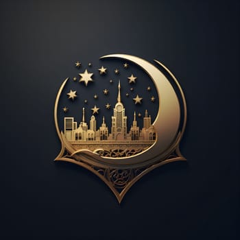 A golden crescent moon with stars, framing a cityscape silhouette against a dark background.