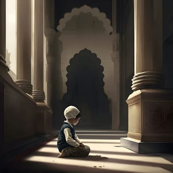 A young boy is kneeling in prayer inside a mosque, surrounded by the intricate architecture and peaceful atmosphere.
