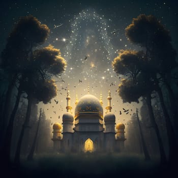 A mystical temple glowing in the night surrounded by a dark forest and a starlit sky.