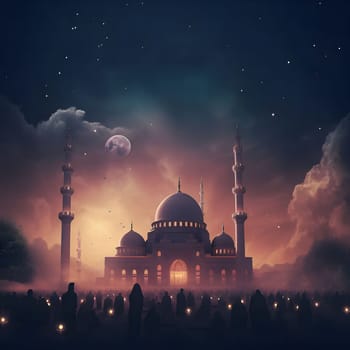 A beautiful mosque with minarets under a star-filled night sky. The moon illuminates the scene, creating a serene and mystical atmosphere.