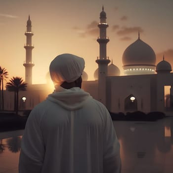 A man in traditional clothing stands in front of a magnificent mosque, bathed in the golden glow of the setting sun. The image captures a moment of peaceful contemplation and devotion.