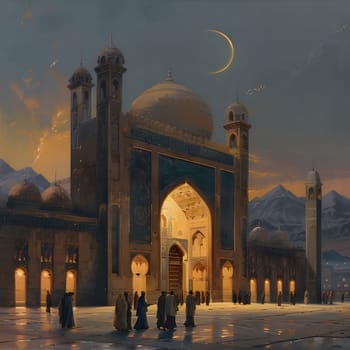 A beautiful painting of a mosque at dusk with a crescent moon in the sky.