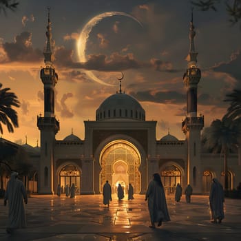 A majestic mosque bathed in the warm glow of dusk, with a crescent moon shining brightly in the sky. The intricate details of the architecture and the peaceful atmosphere create a sense of serenity and spirituality.