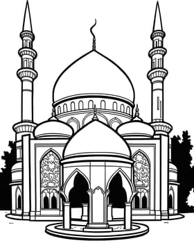 A black and white illustration of a mosque, featuring detailed architecture and minarets. It depicts a prominent Islamic place of worship.