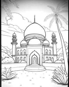 A black and white illustration depicting a mosque with palm trees in the background.