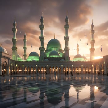 A stunning view of a grand mosque bathed in the warm glow of the setting sun. The intricate details of the architecture and the serene atmosphere evoke a sense of peace and spirituality.