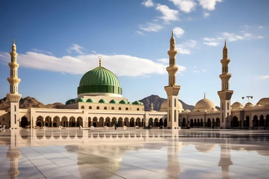 A grand mosque with a green dome and tall minarets in the Middle East. The mosque is surrounded by a courtyard with a reflective floor, creating a beautiful and serene atmosphere.