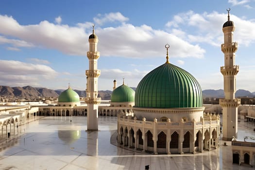 A grand mosque with intricate details and a stunning view of the surrounding mountains. The mosque's white walls and green domes are a symbol of peace and tranquility