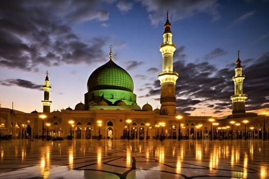 A beautiful mosque with minarets and a dome lit up at night with a clear sky. The mosque is reflecting in the water.