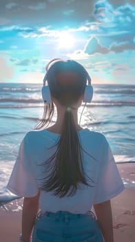 A woman with long dark hair is standing on a sandy beach, looking out at the ocean. She is wearing white headphones and is listening to music. The sun is setting in the distance, casting a warm glow over the sky.