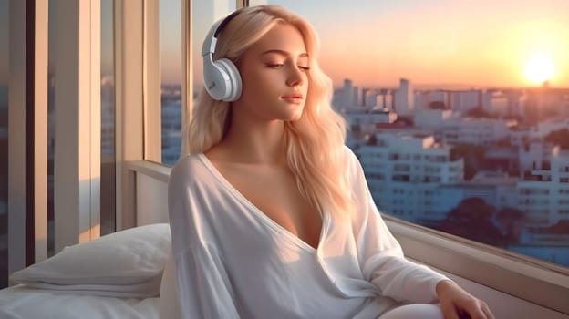 A young woman with long blonde hair is sitting on a bed by the window, wearing white headphones and listening to music. She has her eyes closed and looks relaxed and peaceful. The view through the window shows a cityscape with the sunset in the background.