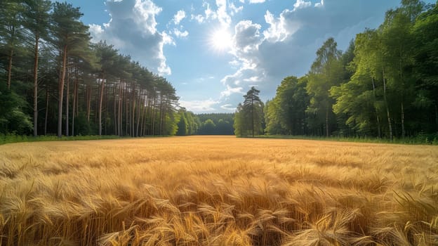 A golden field of wheat stretches out before a forest line, with a bright blue sky and sun above.
