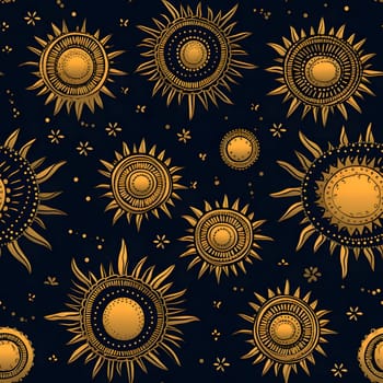 A seamless pattern featuring golden suns on a dark blue background. The suns are stylized with intricate details and have a vintage feel.