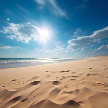 A wide shot of a beautiful sandy beach with blue sky, white clouds, and sparkling ocean waves. The sun is shining brightly, creating a serene and inviting atmosphere.