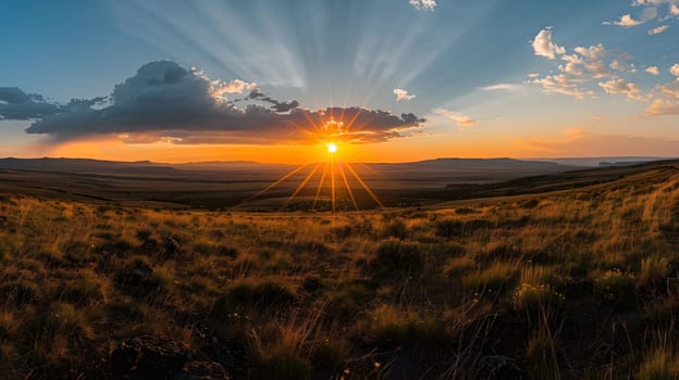A breathtaking sunset over a vast grassland, showcasing a golden sky and sun rays bursting through clouds.