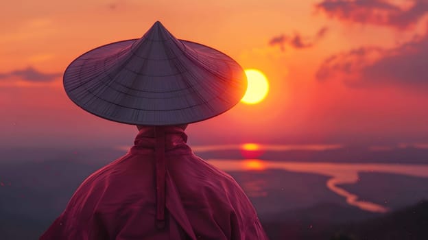 A silhouette of a person wearing a traditional hat, standing against a breathtaking sunset, looking out over a scenic landscape.