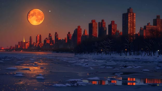 The iconic NYC skyline is illuminated by a massive red moon, reflected in the frozen water. The scene captures the serenity of a winter night in the city.