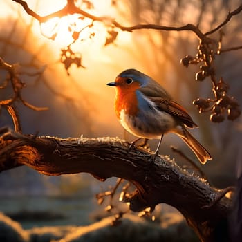 A small robin perches on a branch with the golden morning light illuminating its feathers.