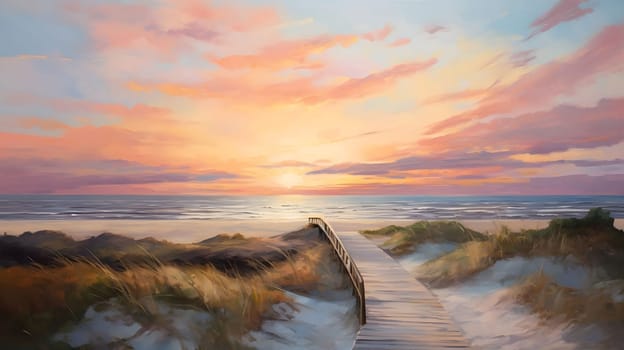 A beautiful sunset over a beach with a wooden bridge leading to the horizon. The sky is a mix of pink, orange, and yellow, and the water is calm and serene.