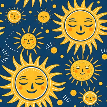 A cheerful pattern of smiling suns in yellow and blue, perfect for a sunny and optimistic design.