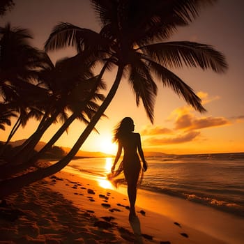 A silhouette of a woman walking on a tropical beach at sunset, with palm trees in the background and golden light reflecting on the water.