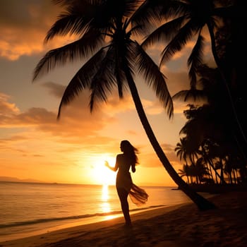 A woman stands in silhouette on a tropical beach as the sun sets, casting a warm glow on the sky and ocean.