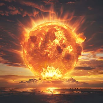 A fiery explosion in the sky, creating a dramatic and powerful scene. The explosion is bright and intense, with flames and smoke billowing outwards.