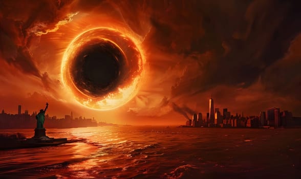 A fiery sunset illuminates a cityscape with an ominous, apocalyptic aura as a massive black hole descends.