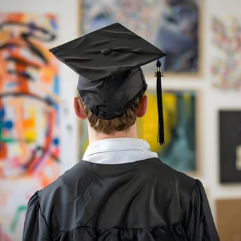 A young man in a black cap and gown looks at artwork in a gallery.