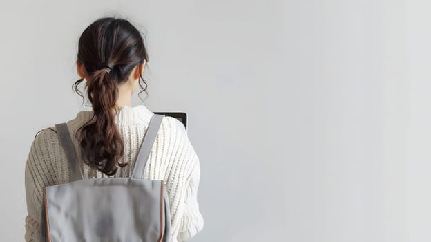 A woman with a backpack is standing in front of a white wall and is looking at a laptop.