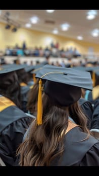 A graduate sits in a row of students, wearing a cap and gown at a graduation ceremony.