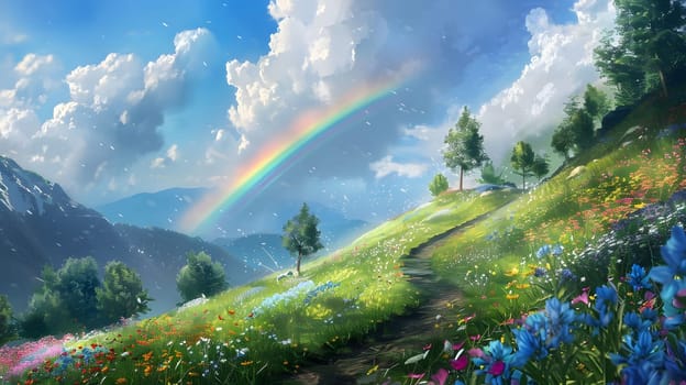 A breathtaking view of a rainbow arcing over a lush mountainside with a winding path leading through a field of wildflowers.