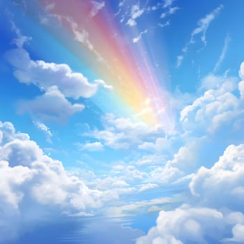 A stunning view of a rainbow in a clear blue sky, adorned with fluffy white clouds. The scene evokes a sense of peace and tranquility.