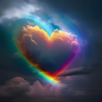 A vibrant rainbow shaped like a heart in the sky, surrounded by fluffy clouds, evoking feelings of love, hope, and joy.