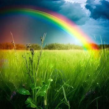 A vibrant rainbow arches over a lush green meadow, creating a stunning display of color and natural beauty.