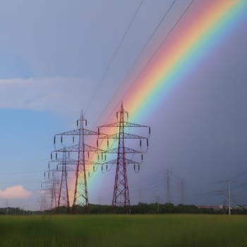 A rainbow arches over a row of power lines in a field.