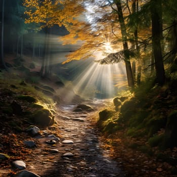A path through a forest, sunlight breaking through the trees, creating a magical atmosphere.