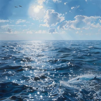 A captivating landscape showcasing a vast ocean with sunlit waves, sparkling water, and a serene sky. The image portrays a sense of tranquility and natural beauty, capturing the essence of a peaceful and open expanse.