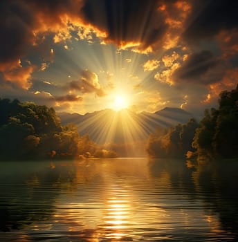 A breathtaking sunset over a serene mountain lake. Golden rays illuminate the sky and water, creating a stunning reflection