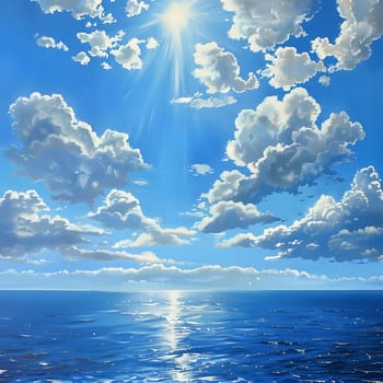 A serene painting of a sunny day, with fluffy white clouds against a bright blue sky, reflecting on a calm ocean
