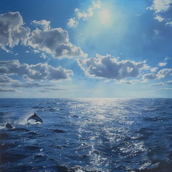 Two dolphins leaping out of the water on a sunny day with a blue sky and fluffy clouds